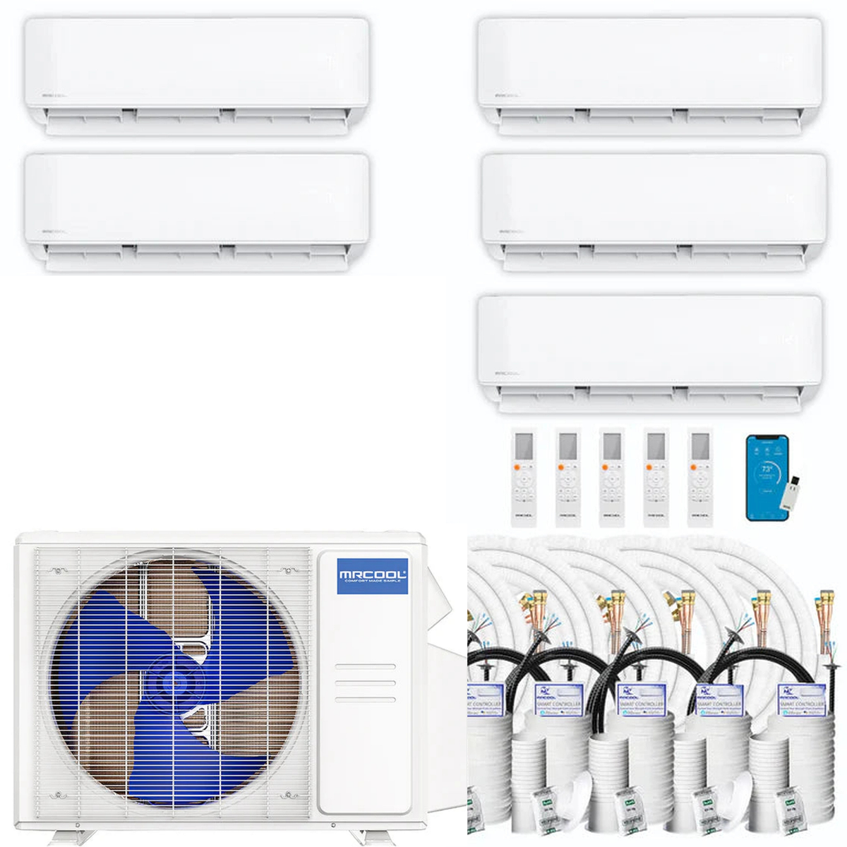 MRCOOL DIY 5th Gen 5-Zone 33,000 BTU Ductless Mini Split Air Conditioner &amp; Heat Pump with 35ft. Pre-Charged Line Sets (6K+6K+6K+6K+9K), DIYM536HPW01D120