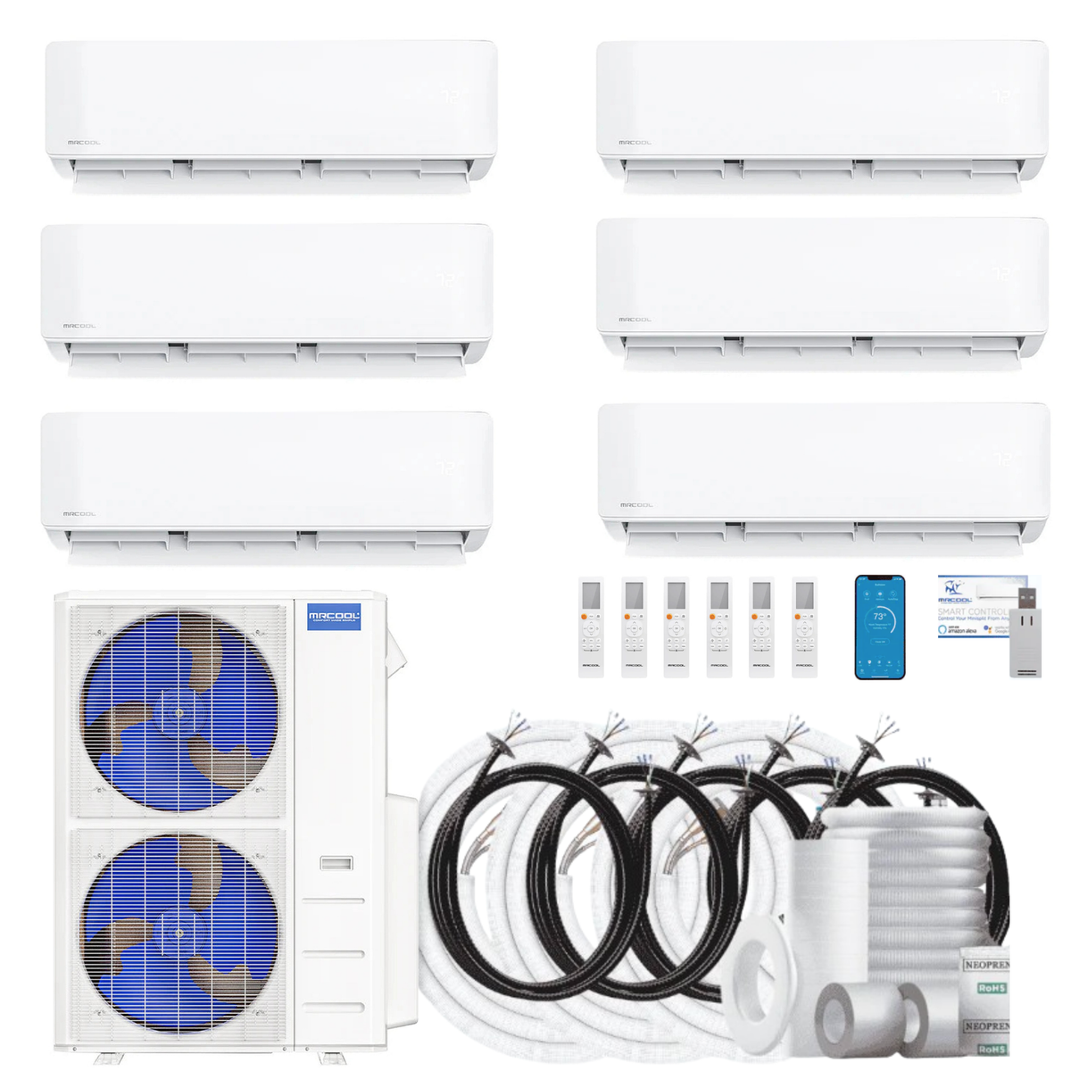 MRCOOL DIY 5th Gen 6-Zone 48,000 BTU Ductless Mini Split Air Conditioner & Heat Pump with 35ft. Pre-Charged Line Sets (6K+6K+6K+9K+9K+12K), DIYM655HPW10D122