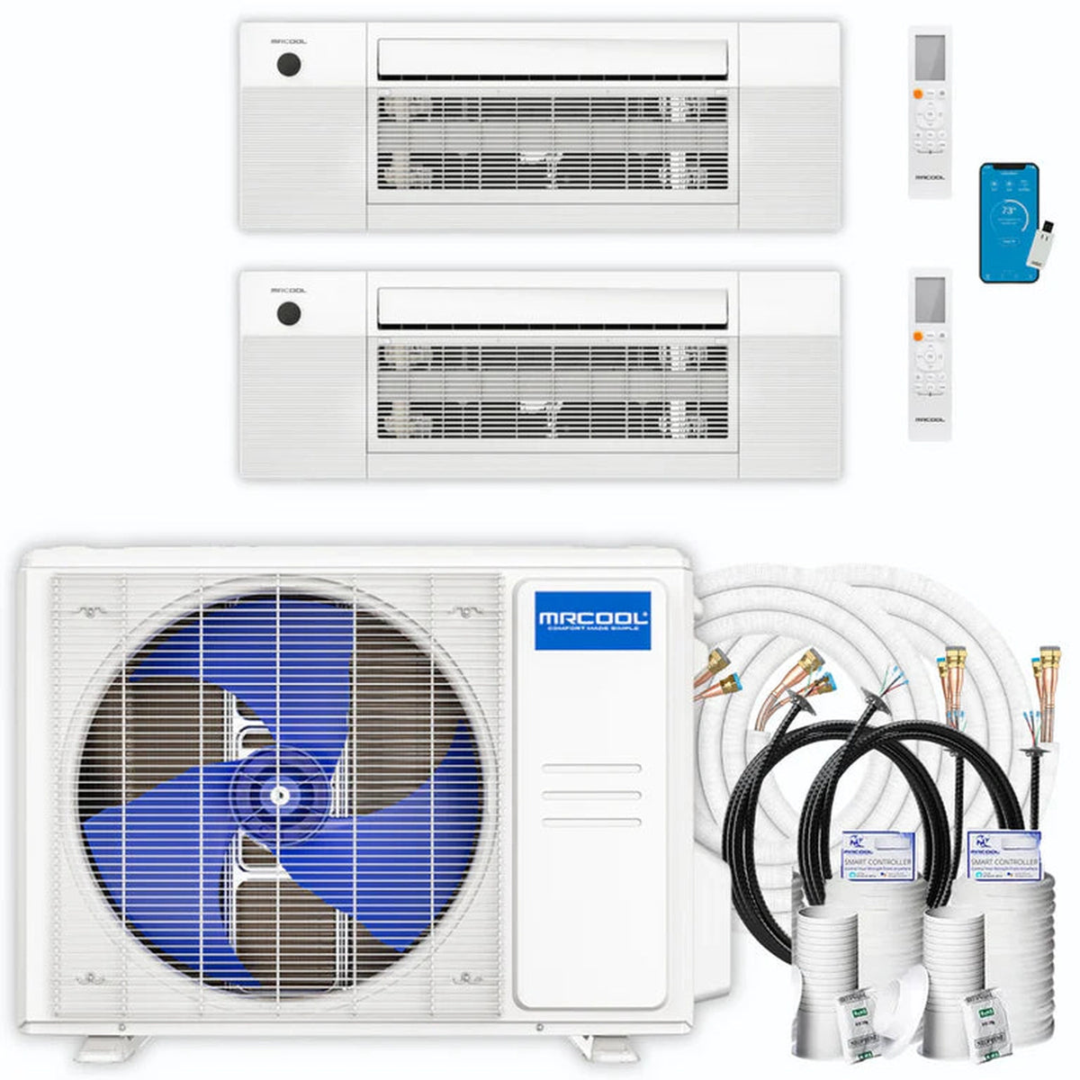 MRCOOL DIY 5th Gen 2-Zone 12,000 BTU Ceiling Cassette Ductless Mini Split Air Conditioner &amp; Heat Pump with Pre-Charged 35ft. Line Sets (6K+6K), DIYM218HPC00D11