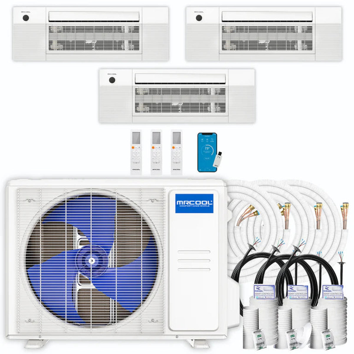 MRCOOL DIY 5th Gen 3-Zone 18,000 BTU Ceiling Cassette Ductless Mini Split Air Conditioner &amp; Heat Pump with 25ft. Pre-Charged Line Sets (6K+6K+6K), DIYM318HPC00D15